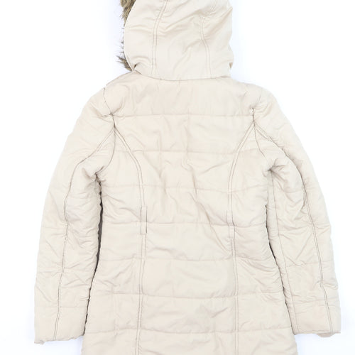 Dunnes Stores Teens Beige Long Puffer Coat Hooded Faux Fur Trim Size 8
