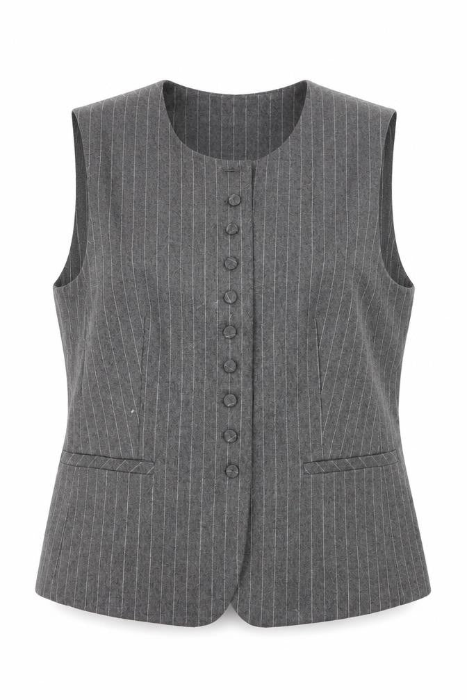 Front view of Gallery Women's Grey Pinstripe Wool Blend Waistcoat UK 10