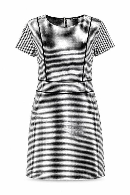 Front view of Miss Selfridge Women Black Houndstooth Shift Work Dress, size 12