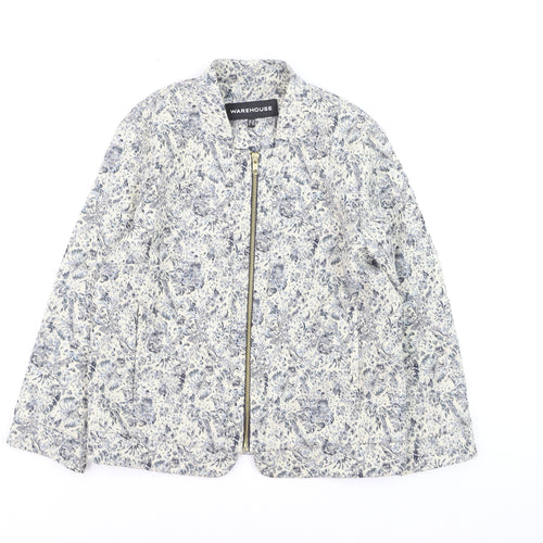 Warehouse Women’s Blue Floral Zip Bomber Jacket Size 10