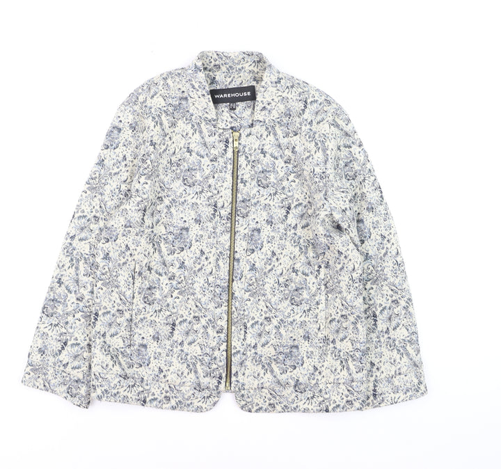Warehouse Women’s Blue Floral Zip Bomber Jacket Size 10