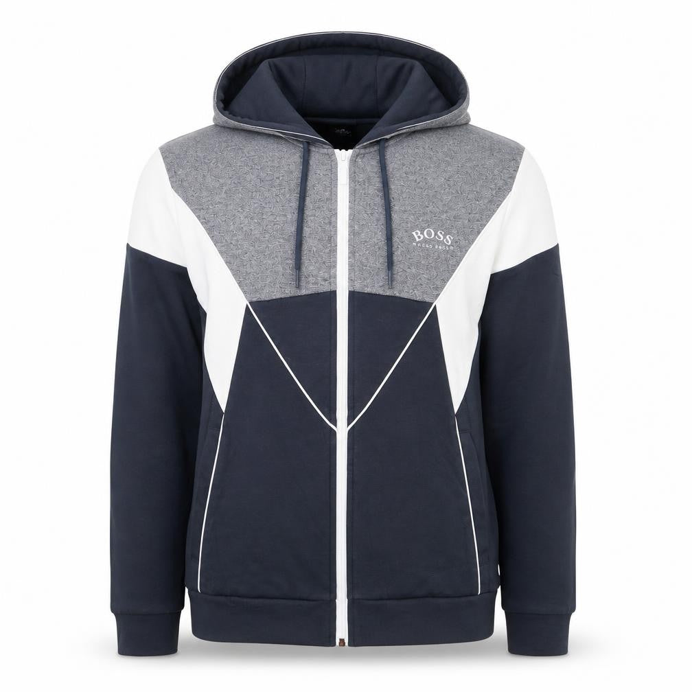 Front view of Hugo Boss Men's Blue Full Zip Hoodie, size S, Regular Fit