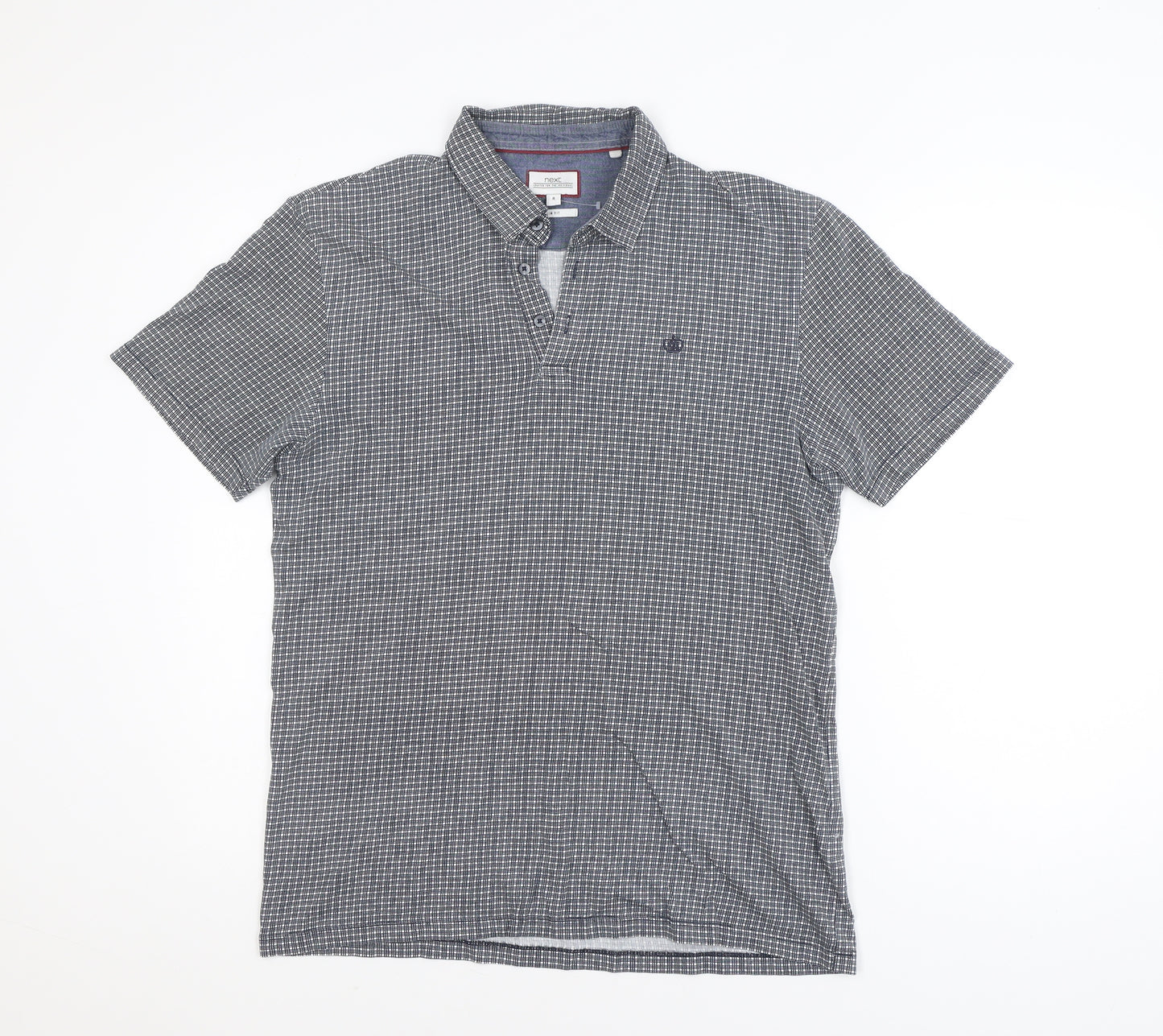 Next Men's Blue Check Short Sleeve Cotton Polo Shirt Size M