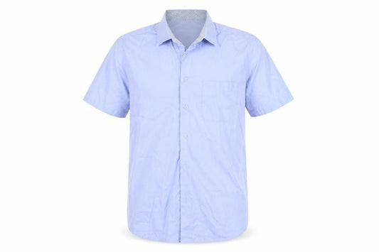 Front view of Zenga boys’ blue short sleeve cotton school uniform shirt, size L