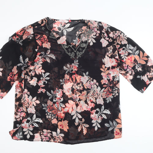 Millers Women Black Floral Beaded 3/4 Sleeve V-Neck Blouse Size 14