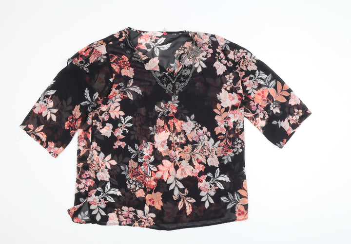 Millers Women Black Floral Beaded 3/4 Sleeve V-Neck Blouse Size 14