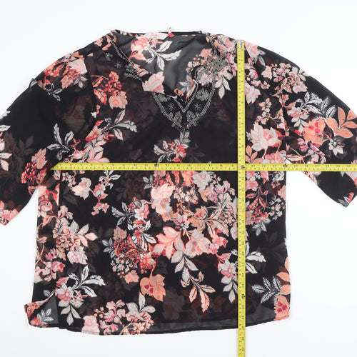 Millers Women Black Floral Beaded 3/4 Sleeve V-Neck Blouse Size 14