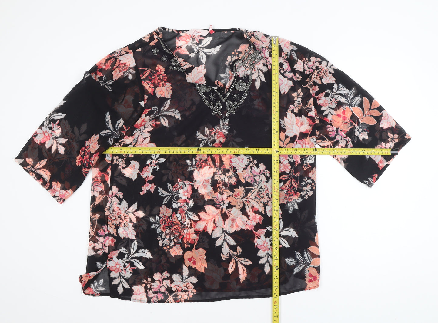 Millers Women Black Floral Beaded 3/4 Sleeve V-Neck Blouse Size 14