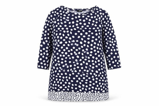 Front view of F&F Women’s Blue Polka Dot 3/4 Sleeve Tunic Blouse, size UK 12