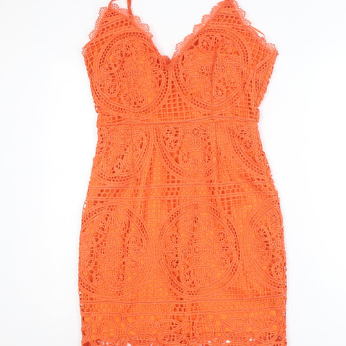 PrettyLittleThing Women Orange Lace Bodycon Short Dress Size M