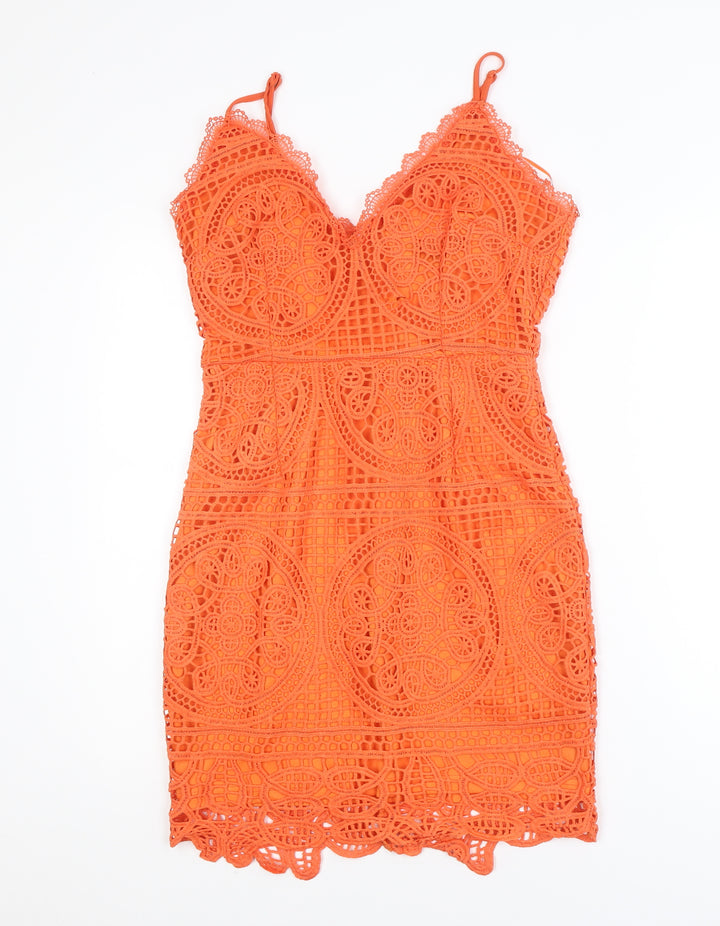 PrettyLittleThing Women Orange Lace Bodycon Short Dress Size M