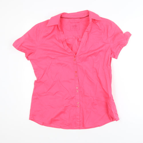 Esprit Women Pink Short Sleeve Button-Up Cotton Blouse Size 14