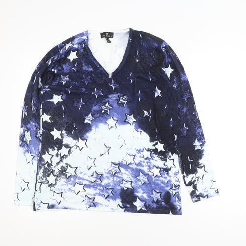 Marble Womens Blue Star Print V-Neck Long Sleeve Jersey Top Size 12