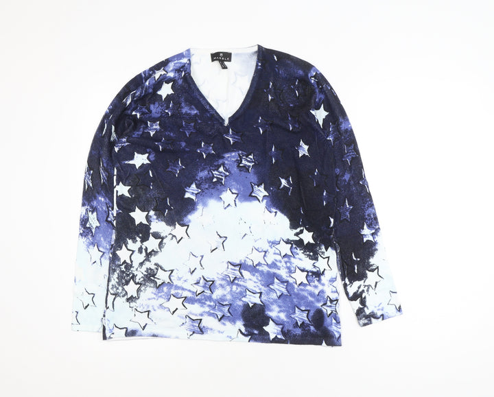 Marble Womens Blue Star Print V-Neck Long Sleeve Jersey Top Size 12