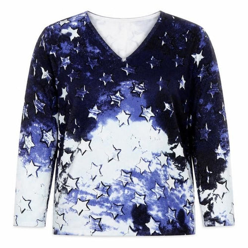 Marble Womens Blue Star Print V-Neck Long Sleeve Jersey Top Size 12