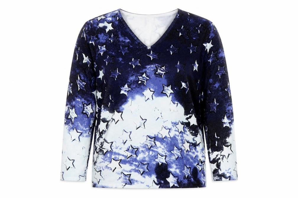 Marble Womens Blue Star Print V-Neck Long Sleeve Jersey Top Size 12
