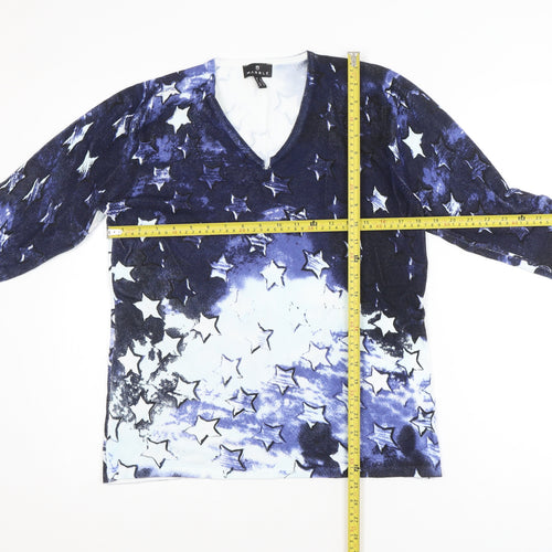 Marble Womens Blue Star Print V-Neck Long Sleeve Jersey Top Size 12