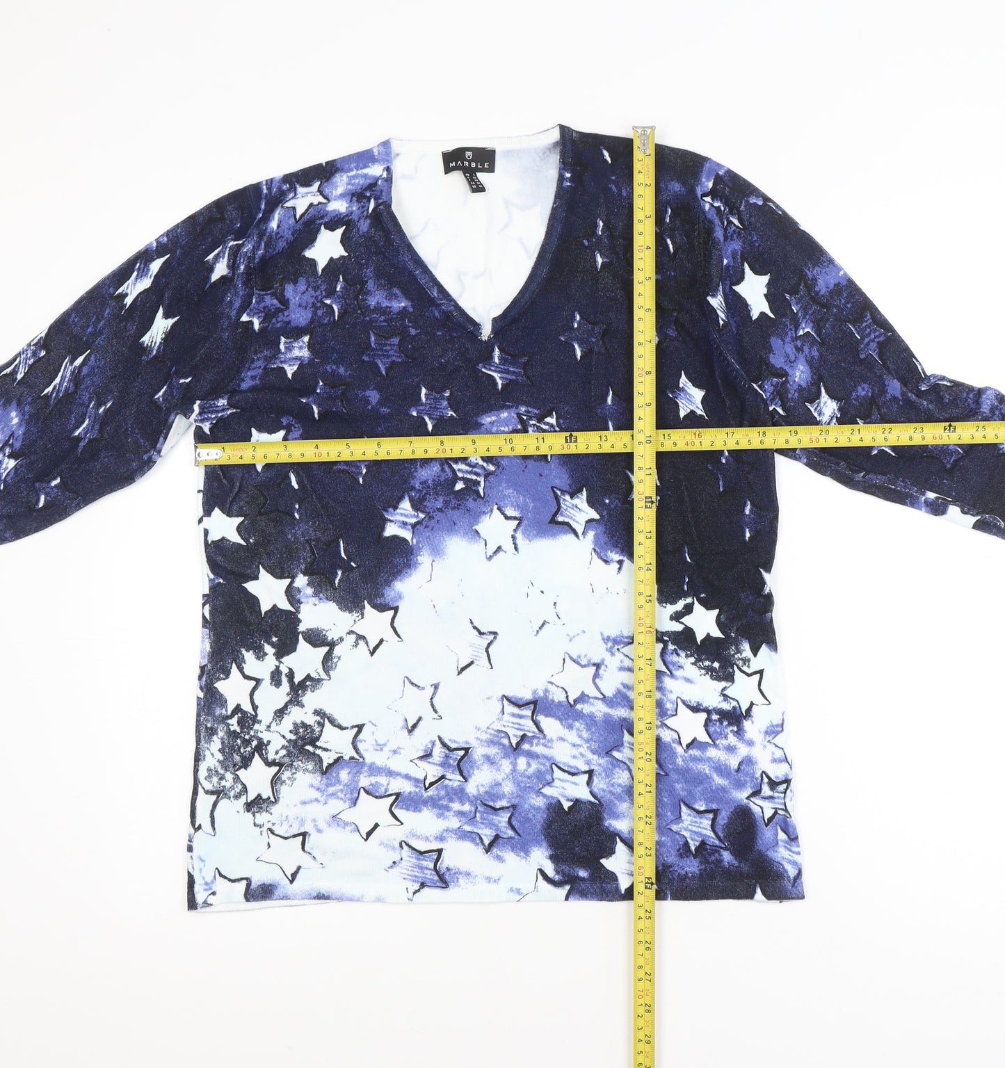 Marble Womens Blue Star Print V-Neck Long Sleeve Jersey Top Size 12