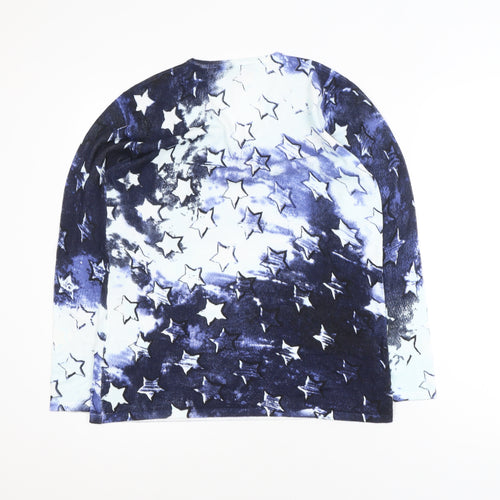 Marble Womens Blue Star Print V-Neck Long Sleeve Jersey Top Size 12