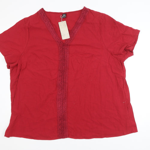 Emery Rose Women's Red 5XL V-Neck Crochet Detail Cotton Tunic Blouse