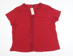 Emery Rose Women's Red 5XL V-Neck Crochet Detail Cotton Tunic Blouse