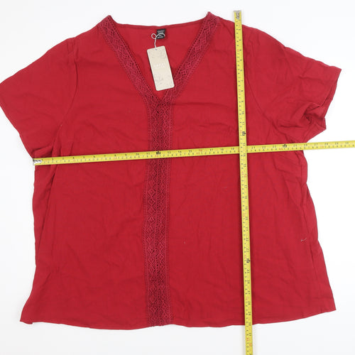 Emery Rose Women's Red 5XL V-Neck Crochet Detail Cotton Tunic Blouse