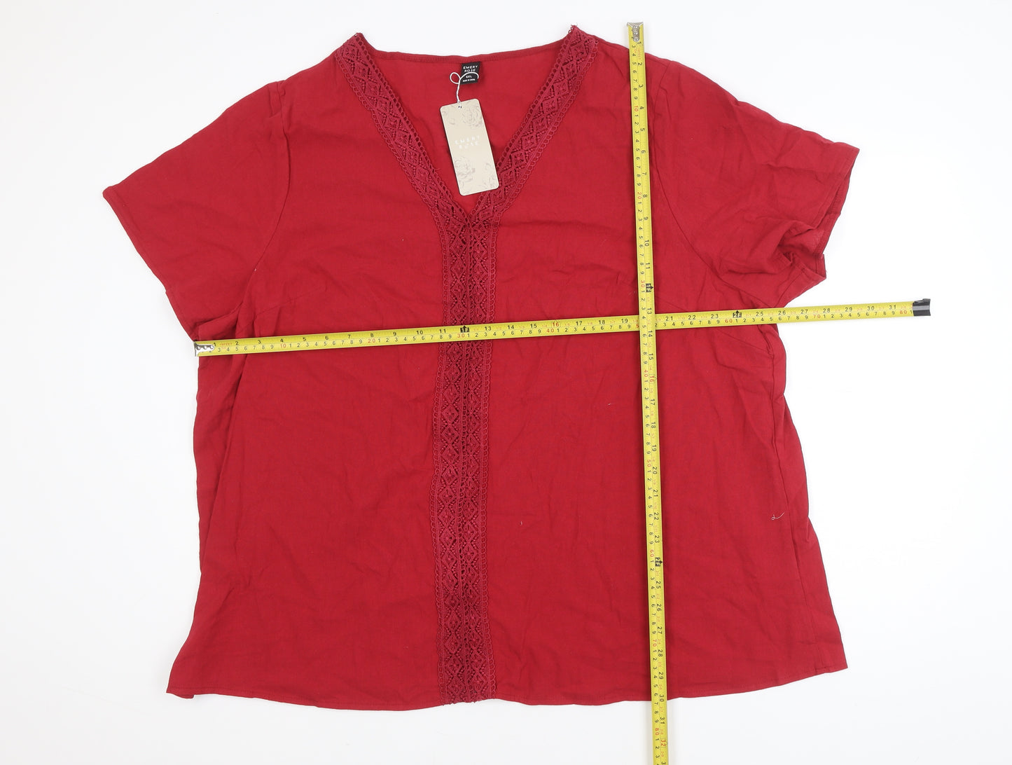 Emery Rose Women's Red 5XL V-Neck Crochet Detail Cotton Tunic Blouse