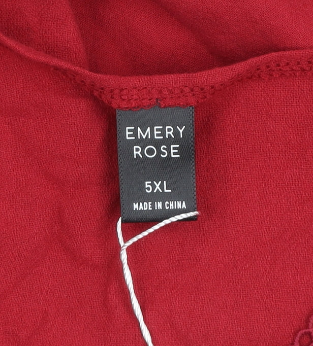 Emery Rose Women's Red 5XL V-Neck Crochet Detail Cotton Tunic Blouse