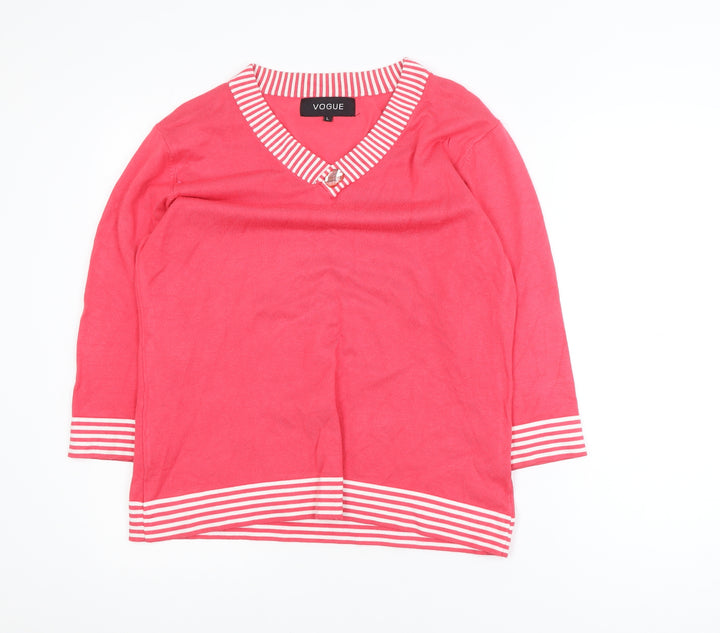 Vogue Womens Pink 3/4 Sleeve V-Neck Pullover Jumper L