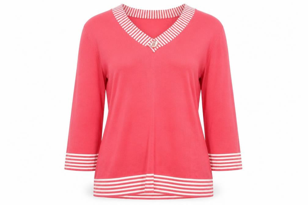 Front view of Vogue women’s pink 3/4 sleeve v-neck jumper l