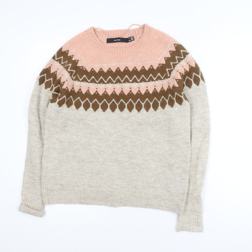 Vero Moda Women's Beige Fair Isle Wool Blend Knit Jumper Size S