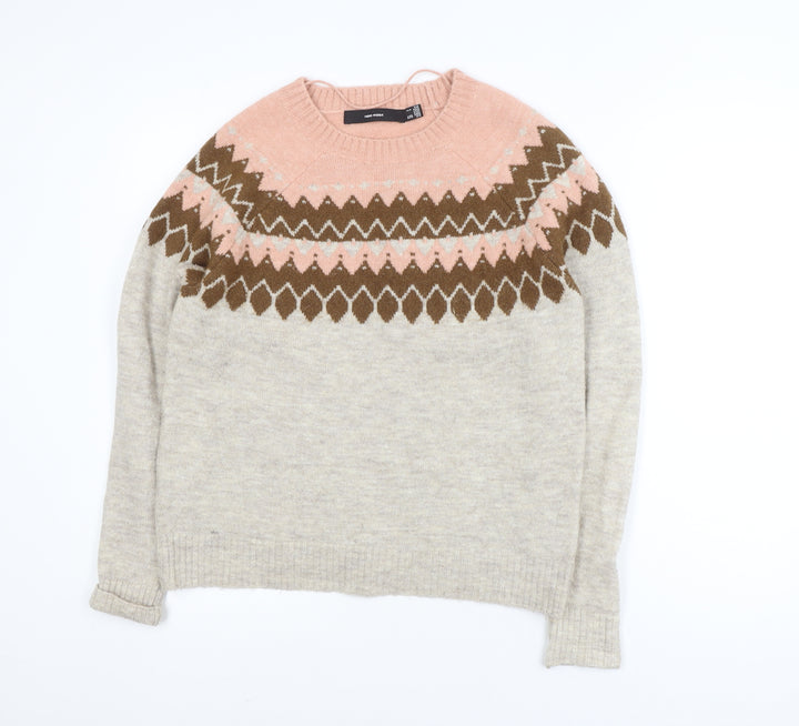 Vero Moda Women's Beige Fair Isle Wool Blend Knit Jumper Size S