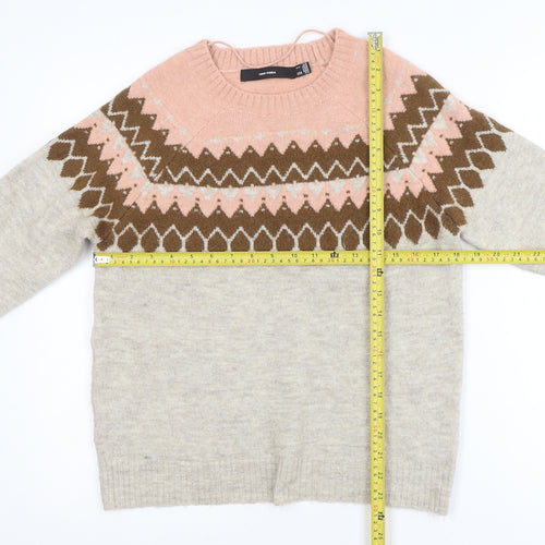 Vero Moda Women's Beige Fair Isle Wool Blend Knit Jumper Size S