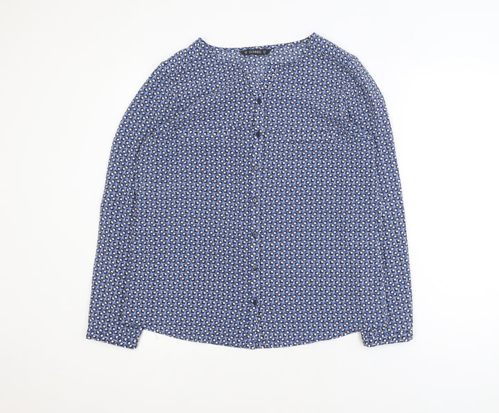 Dunnes Women Blue Geometric Long Sleeve V-Neck Blouse Size 12
