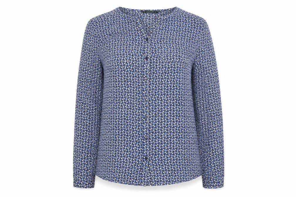 Dunnes Women Blue Geometric Long Sleeve V-Neck Blouse Size 12