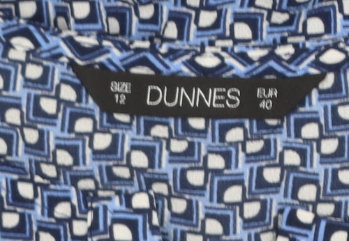 Dunnes Women Blue Geometric Long Sleeve V-Neck Blouse Size 12