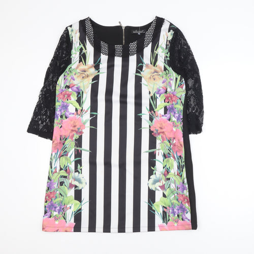 EXJUISS'S Women Black Floral Striped Lace Shift Dress L Knee Length