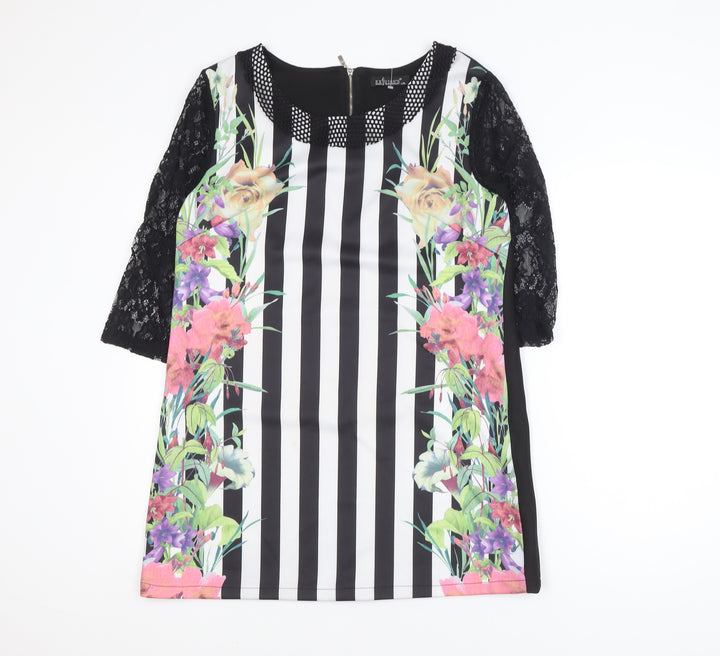 EXJUISS'S Women Black Floral Striped Lace Shift Dress L Knee Length