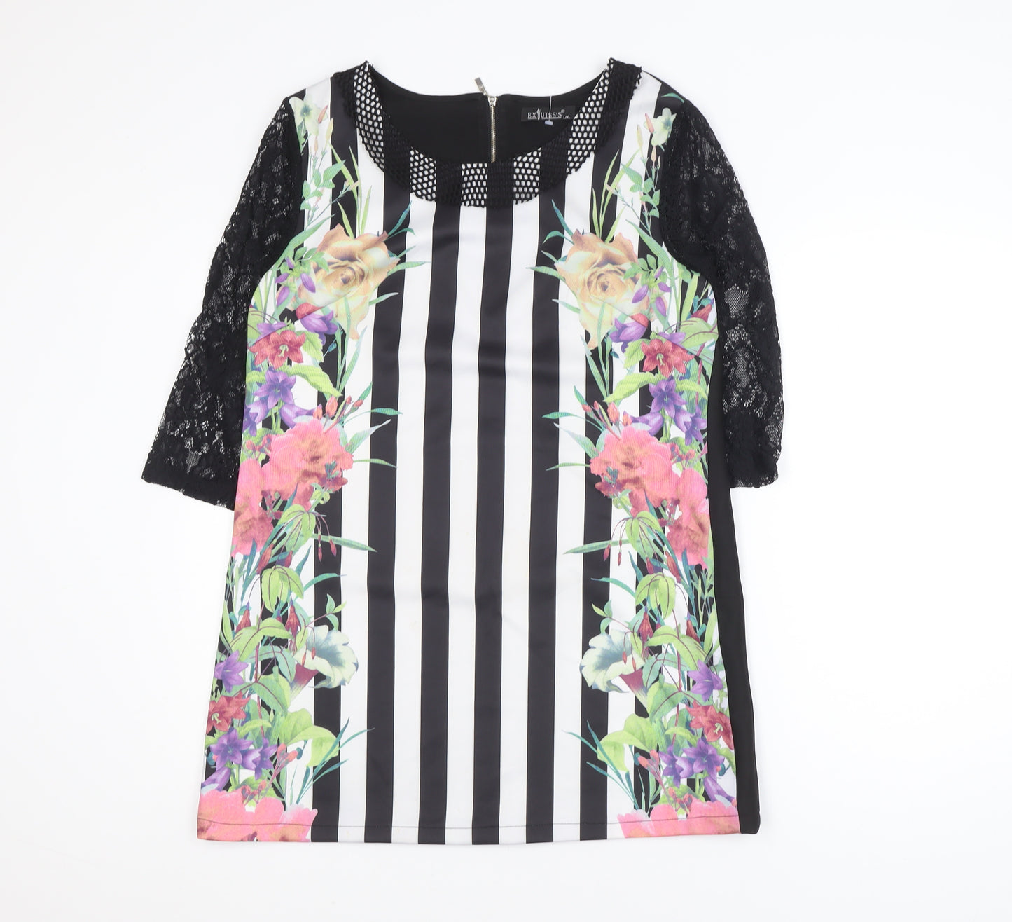 EXJUISS'S Women Black Floral Striped Lace Shift Dress L Knee Length