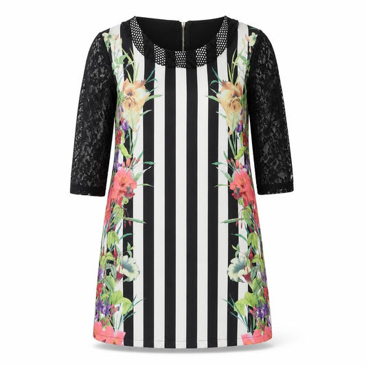 Front view of EXJUISS'S Women Black Floral Striped Lace Shift Dress L Knee Length