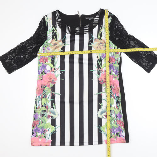 EXJUISS'S Women Black Floral Striped Lace Shift Dress L Knee Length