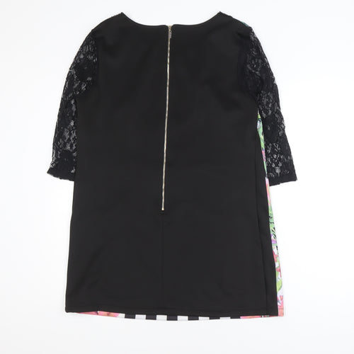EXJUISS'S Women Black Floral Striped Lace Shift Dress L Knee Length