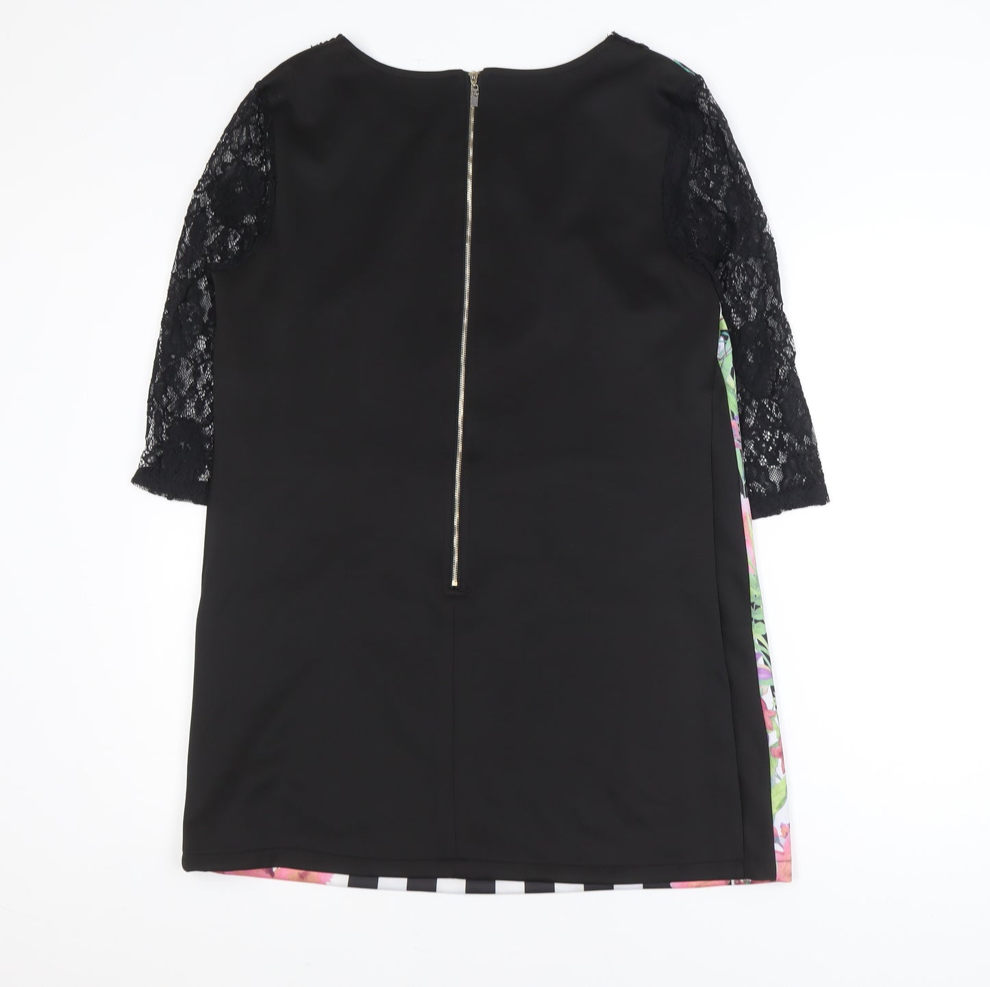 EXJUISS'S Women Black Floral Striped Lace Shift Dress L Knee Length