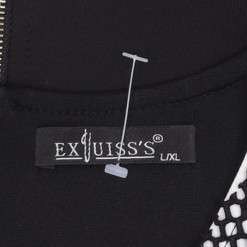 EXJUISS'S Women Black Floral Striped Lace Shift Dress L Knee Length