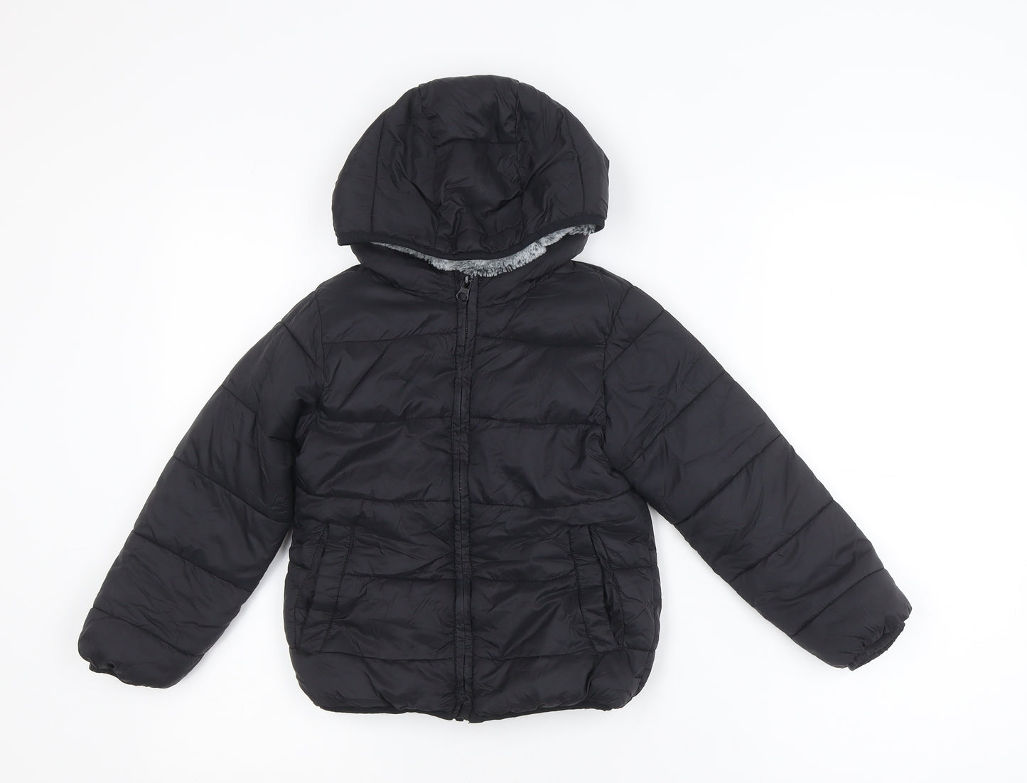 St. Bernard Boys Black Puffer Jacket 5-6 Years Hooded Faux Fur Lined Winter Coat