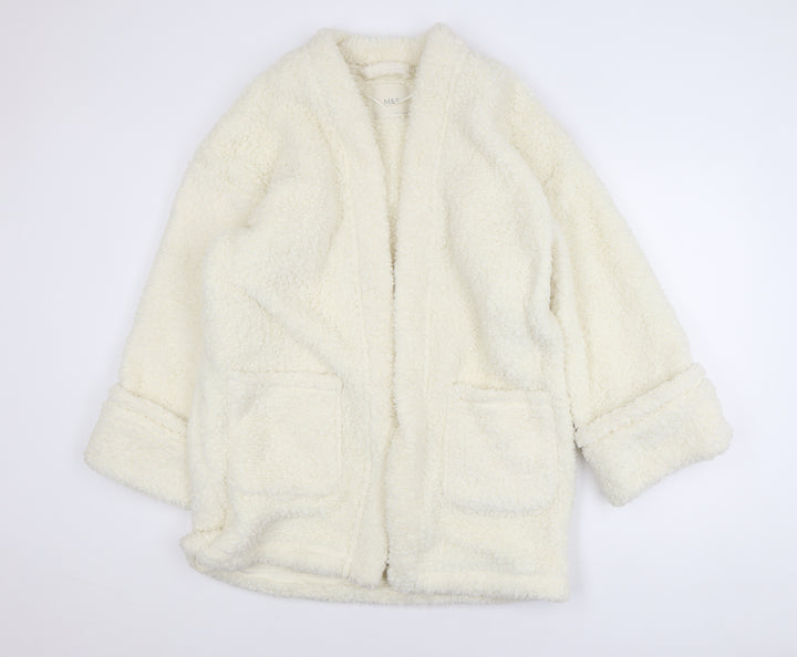 Marks and Spencer Women Ivory Fleece Coatigan L Relaxed Fit Open Front