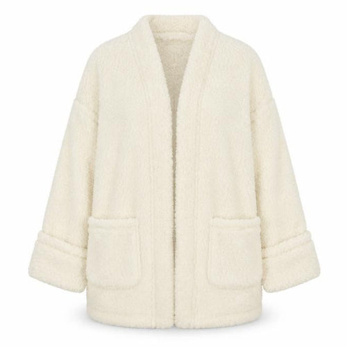 Marks and Spencer Women Ivory Fleece Coatigan L Relaxed Fit Open Front