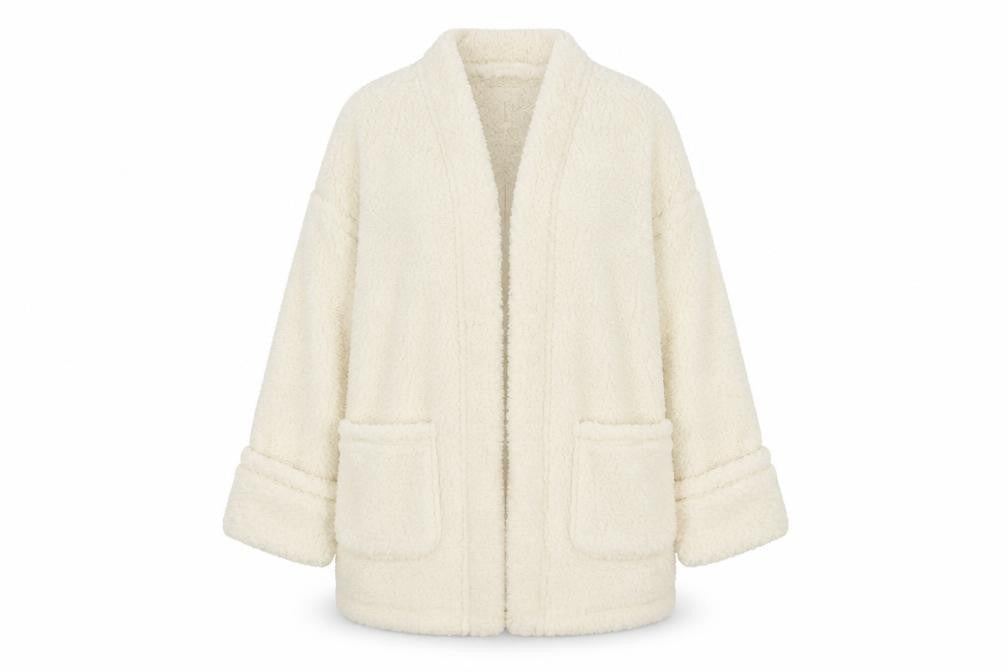 Marks and Spencer Women Ivory Fleece Coatigan L Relaxed Fit Open Front
