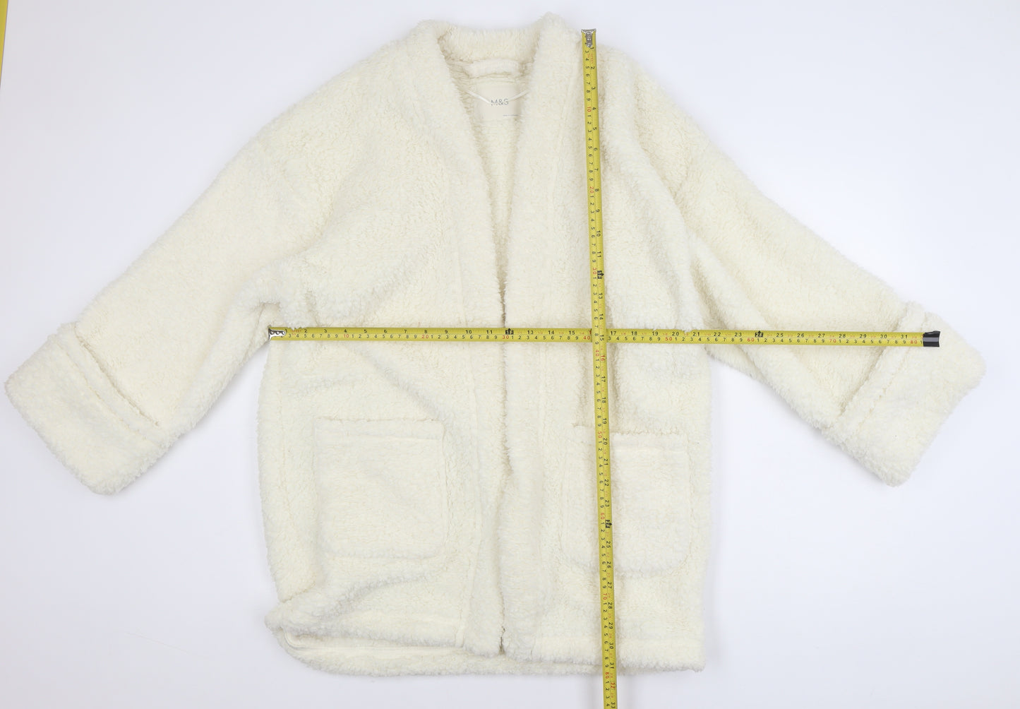 Marks and Spencer Women Ivory Fleece Coatigan L Relaxed Fit Open Front