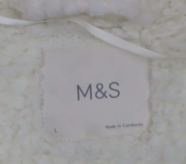 Marks and Spencer Women Ivory Fleece Coatigan L Relaxed Fit Open Front